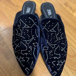 Zara Constellation Blue Velvet Flat Mules